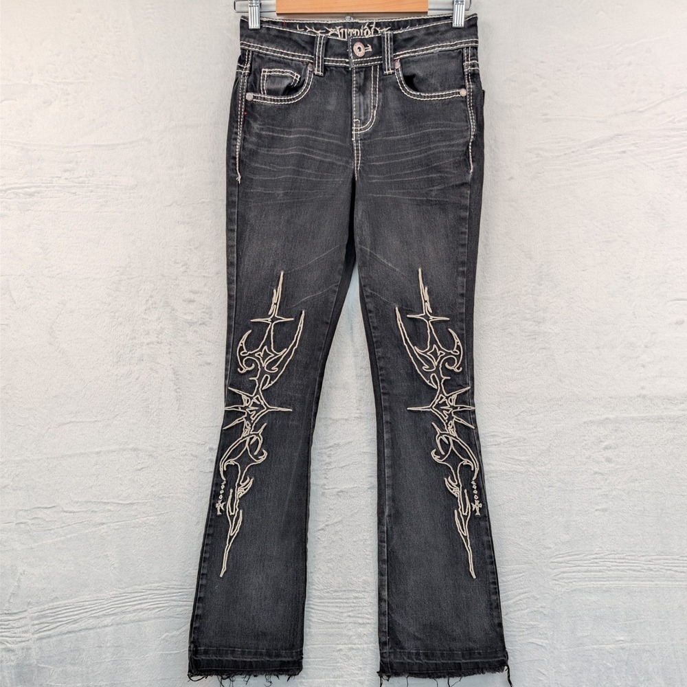 Vitriol Jeans Women 2 Faded Black Flare Embroidery Cybersigilism Cyber Goth Y2K